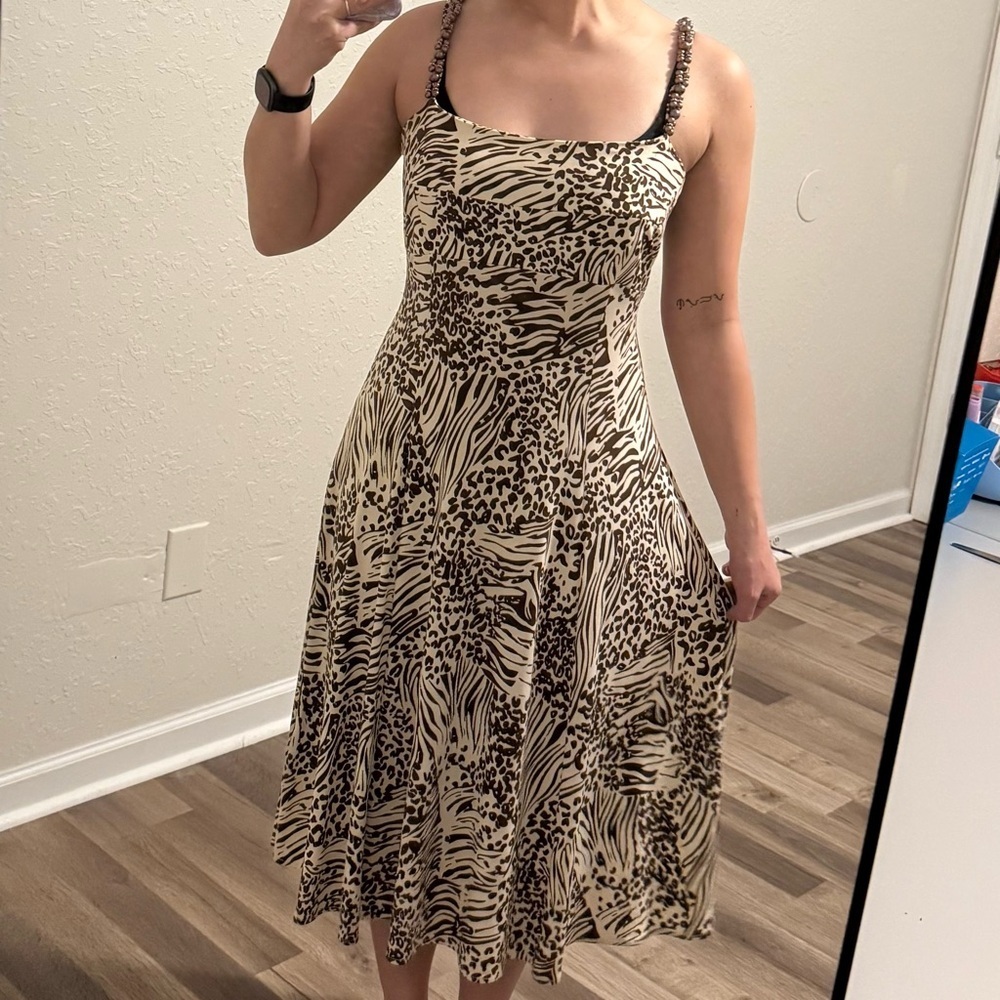 Maggy Boutique Y2K Animal Print Beaded Spaghetti Strap Midi Dress